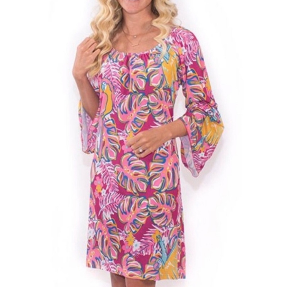 Simply Southern Pink Leaf Bird Print Tunic Dress